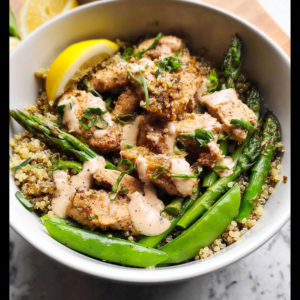 A healthy lemon garlic chicken meal prep bowl with quinoa, asparagus, snap peas, and a creamy sauce.