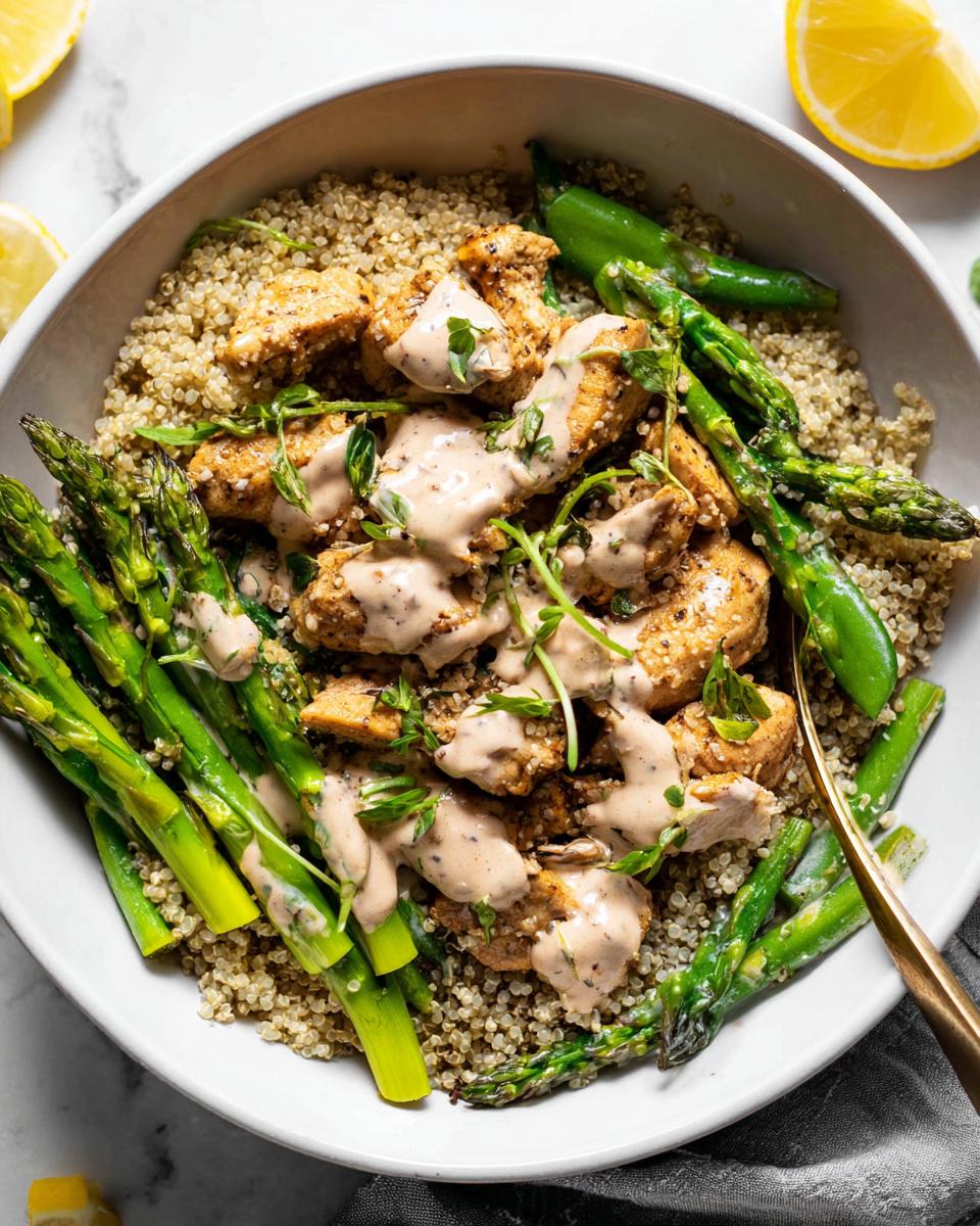A healthy lemon garlic chicken meal prep bowl with quinoa, asparagus, and a creamy sauce.