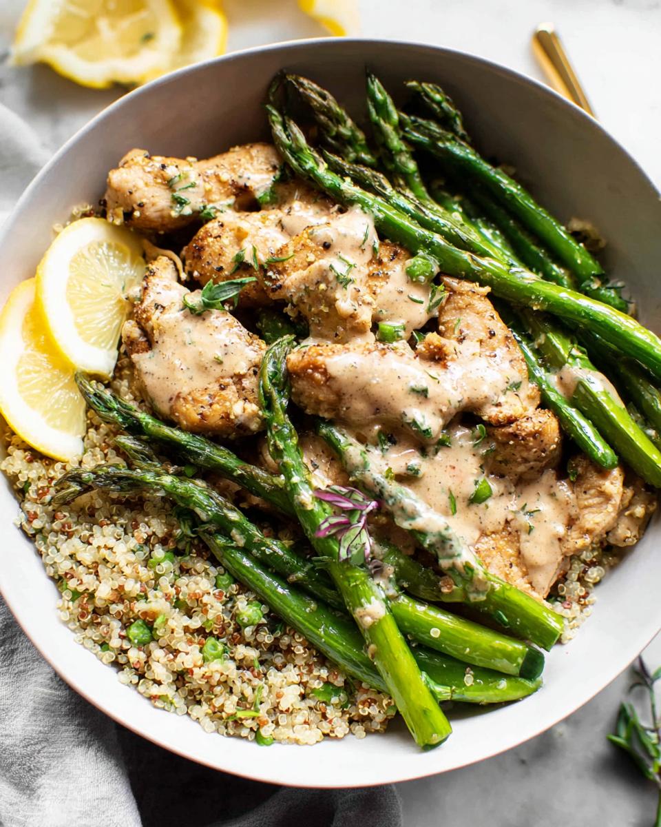 A healthy lemon garlic chicken meal prep bowl with quinoa, asparagus, and lemon slices.