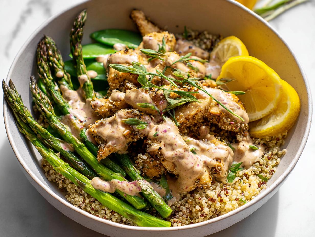 A healthy lemon garlic chicken meal prep bowl with quinoa, asparagus, and a creamy sauce.