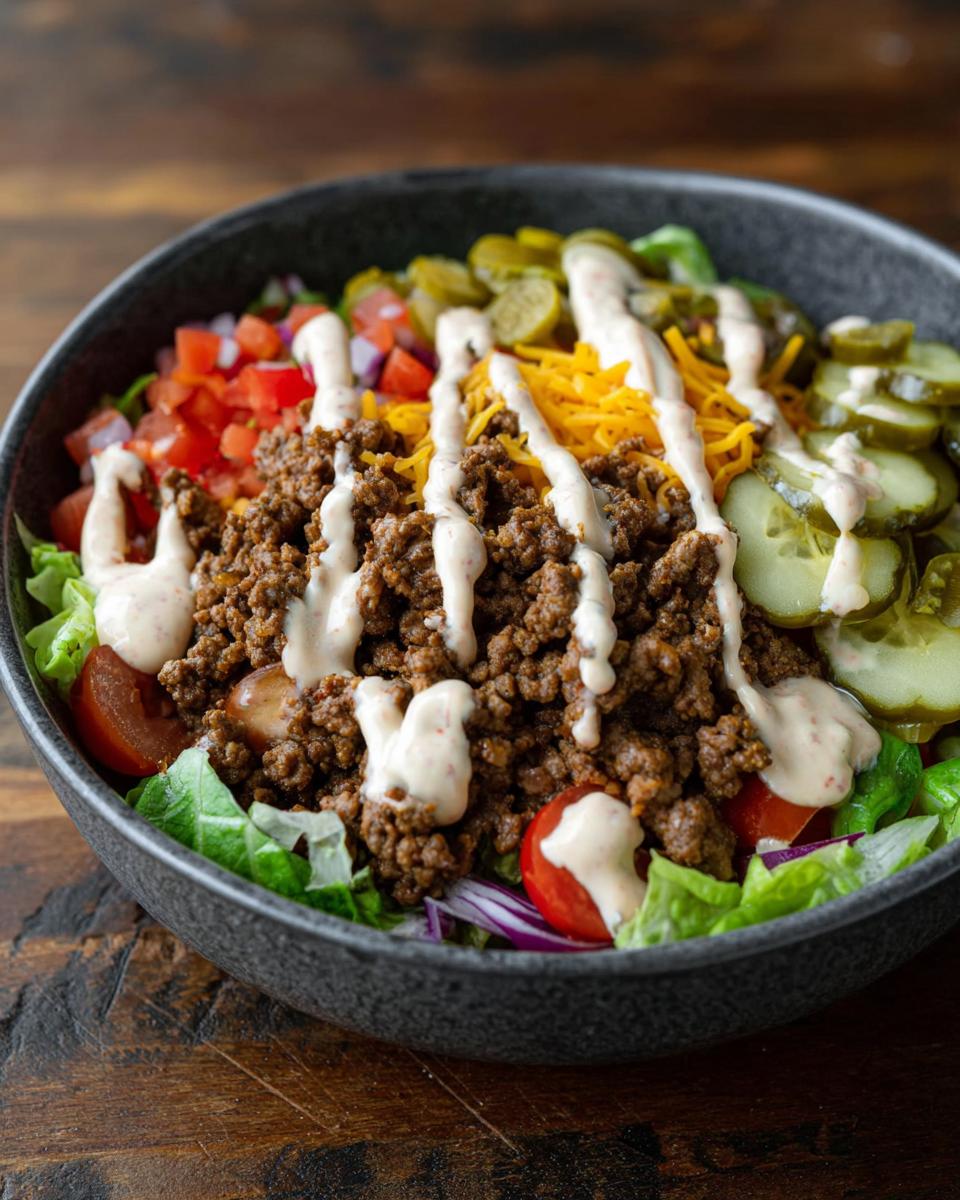 A delicious bowl filled with seasoned ground beef, lettuce, tomatoes, pickles, shredded cheese, and a creamy dressing, representing the High-Protein Cheeseburger Bowls Recipe.
