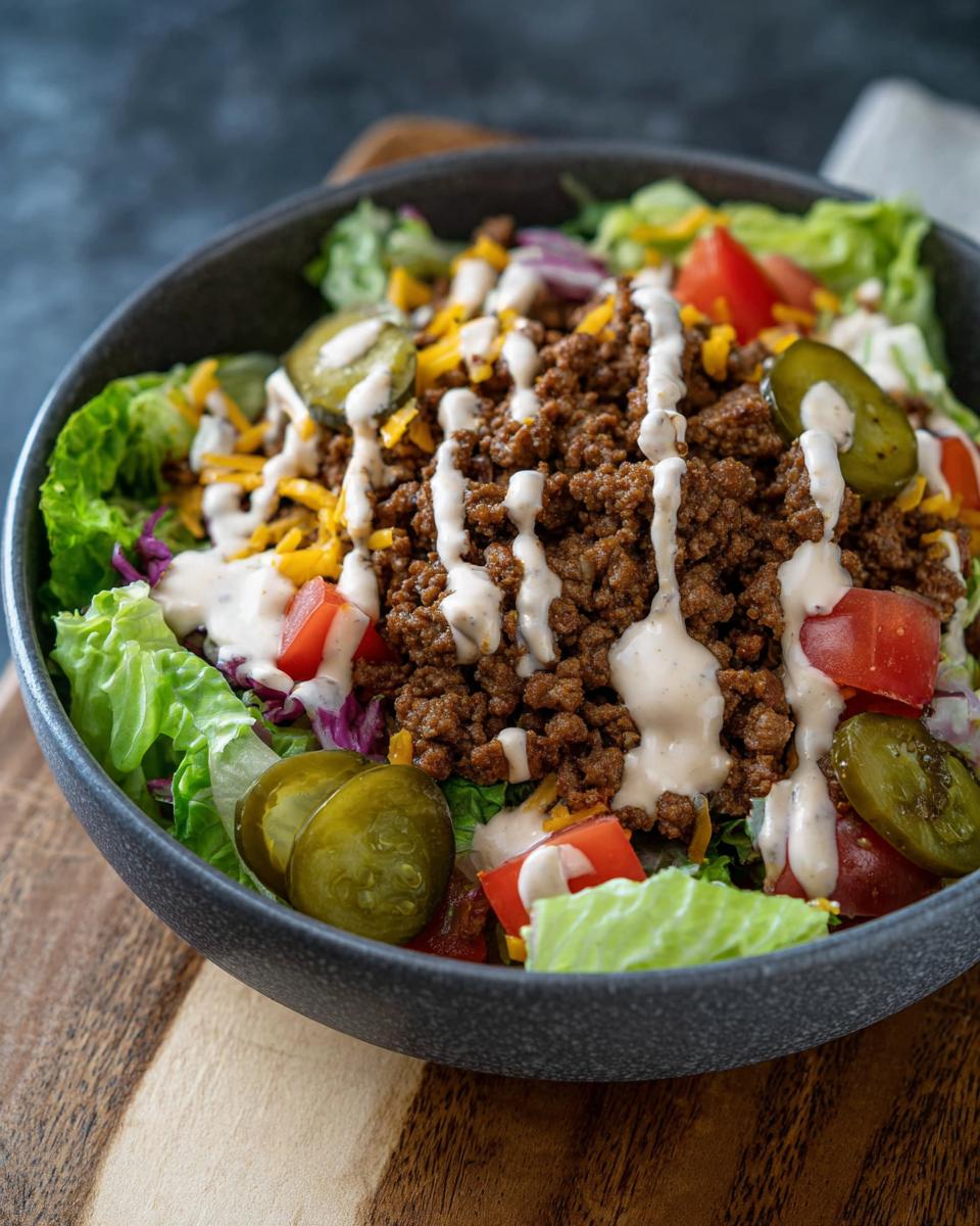 A close-up of a High-Protein Cheeseburger Bowl filled with seasoned ground beef, lettuce, tomatoes, pickles, cheese, and a creamy dressing.