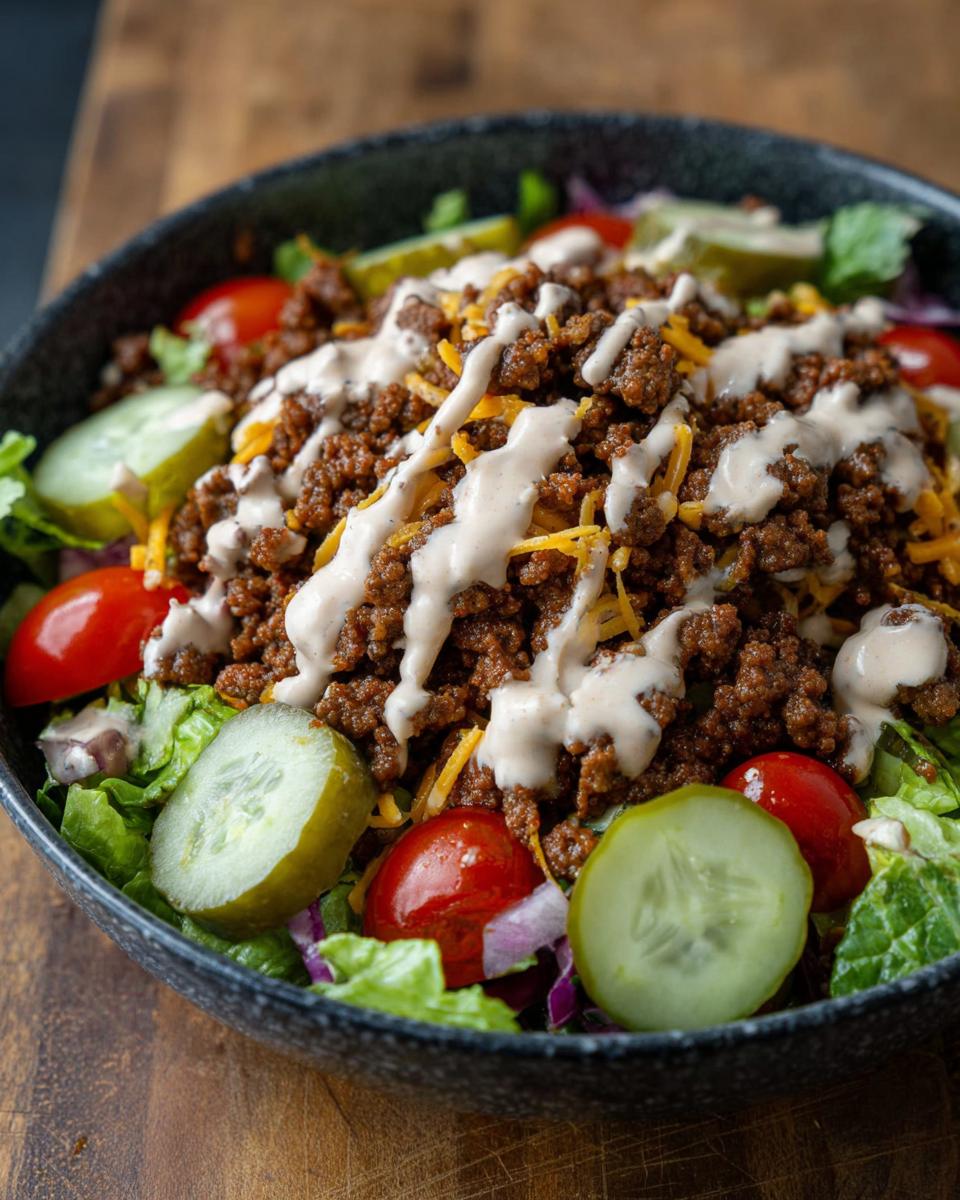 Close-up of a High-Protein Cheeseburger Bowl with seasoned ground beef, lettuce, tomatoes, pickles, and a creamy dressing.