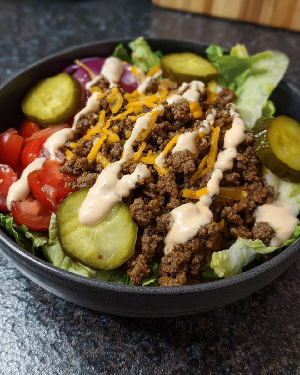 A delicious High-Protein Cheeseburger Bowl with seasoned ground beef, shredded cheese, lettuce, tomatoes, pickles, and a creamy sauce.