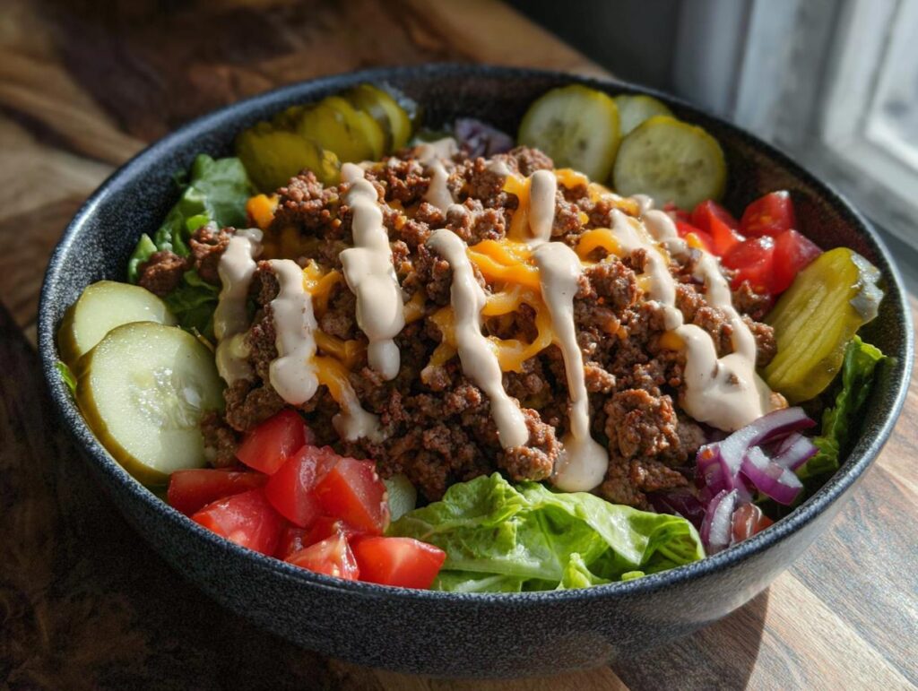 A delicious bowl filled with seasoned ground beef, lettuce, tomatoes, pickles, and cheese, drizzled with sauce. High-Protein Cheeseburger Bowls Recipe.