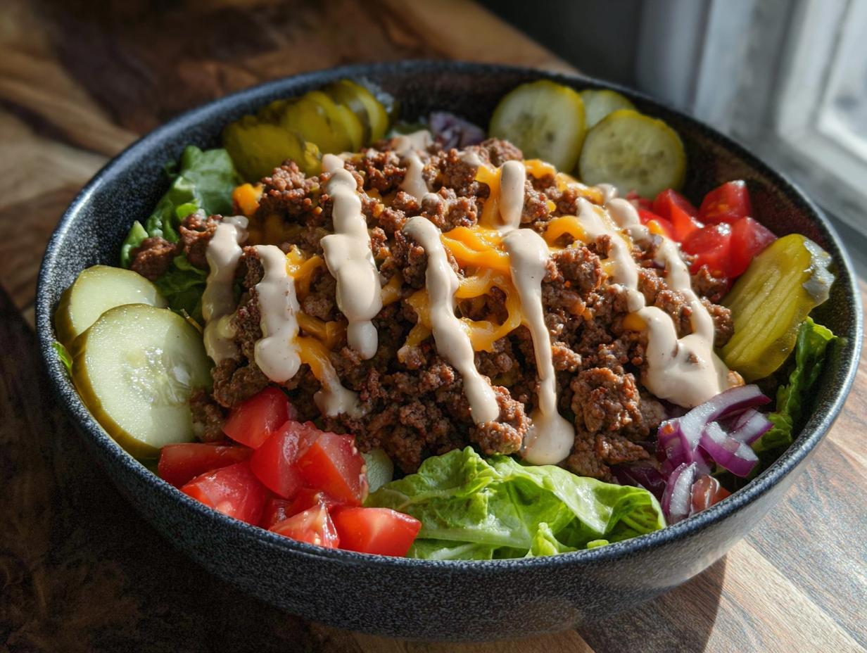 A delicious bowl filled with seasoned ground beef, lettuce, tomatoes, pickles, and cheese, drizzled with sauce. High-Protein Cheeseburger Bowls Recipe.