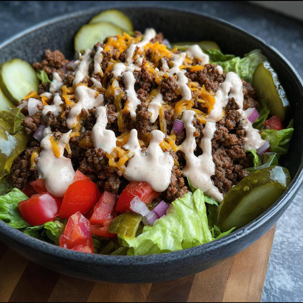 A delicious bowl of High-Protein Cheeseburger Bowls with ground beef, cheese, lettuce, tomatoes, pickles, and sauce.