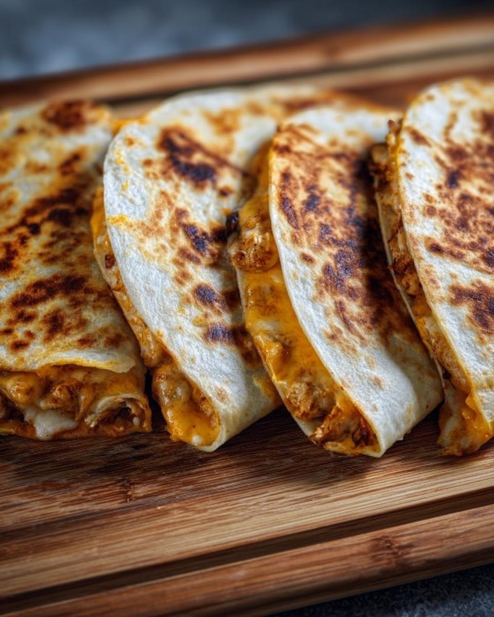 Four golden-brown slices of High-Protein Chicken Ranch Quesadilla with melted cheese on a wooden board.