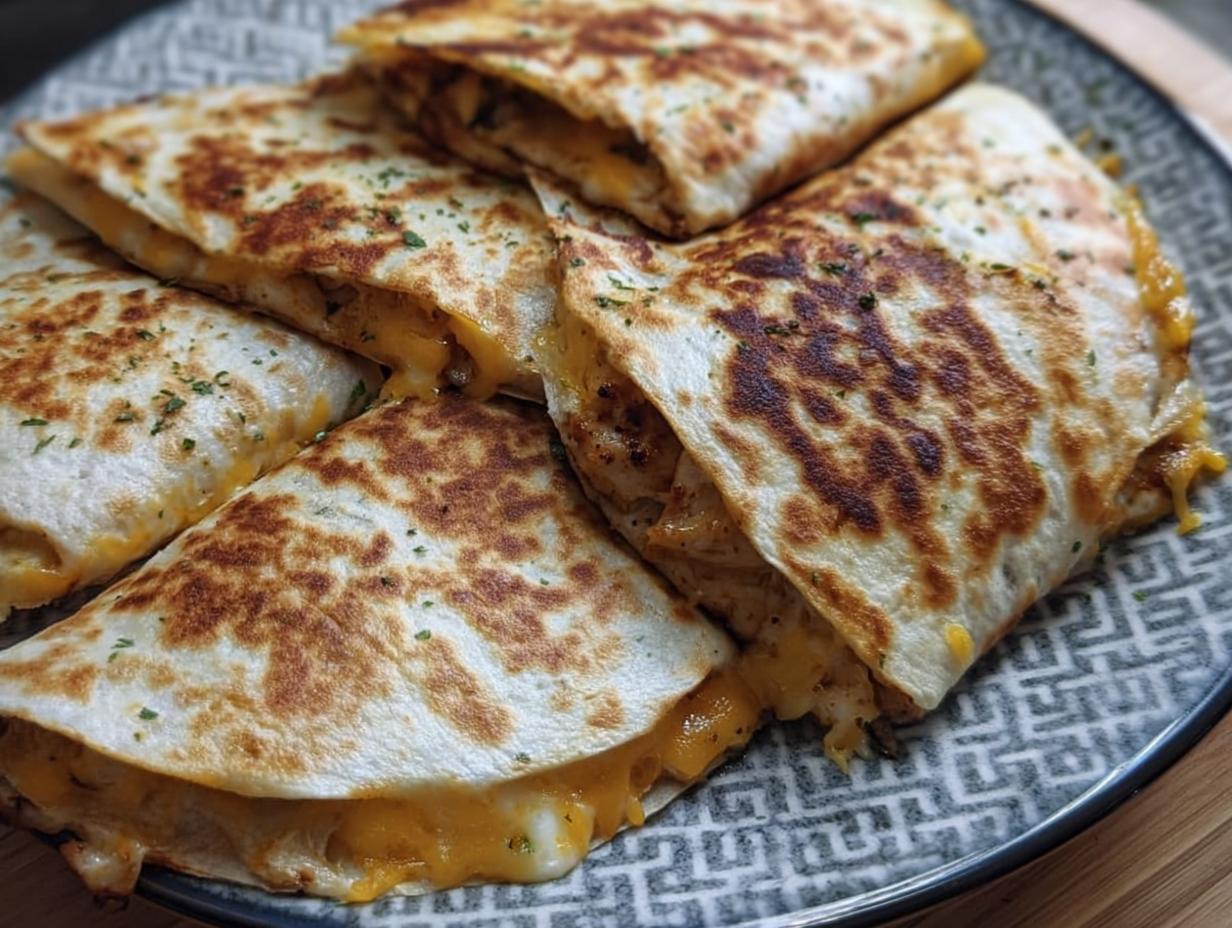 Close-up of golden-brown High-Protein Chicken Ranch Quesadilla slices, filled with melted cheese and herbs.