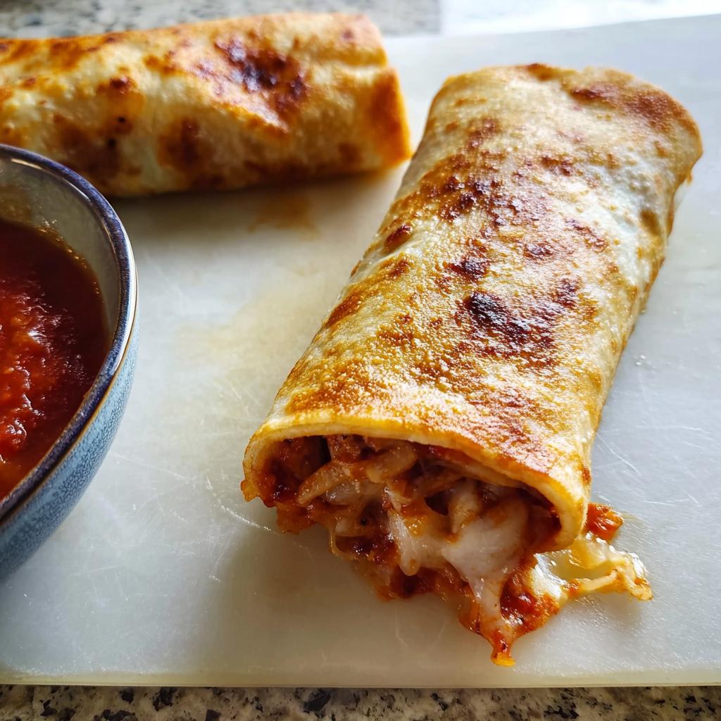 A close-up of two HIGH PROTEIN Pepperoni Pizza Rolls, one with a bite taken out, next to a bowl of marinara sauce.