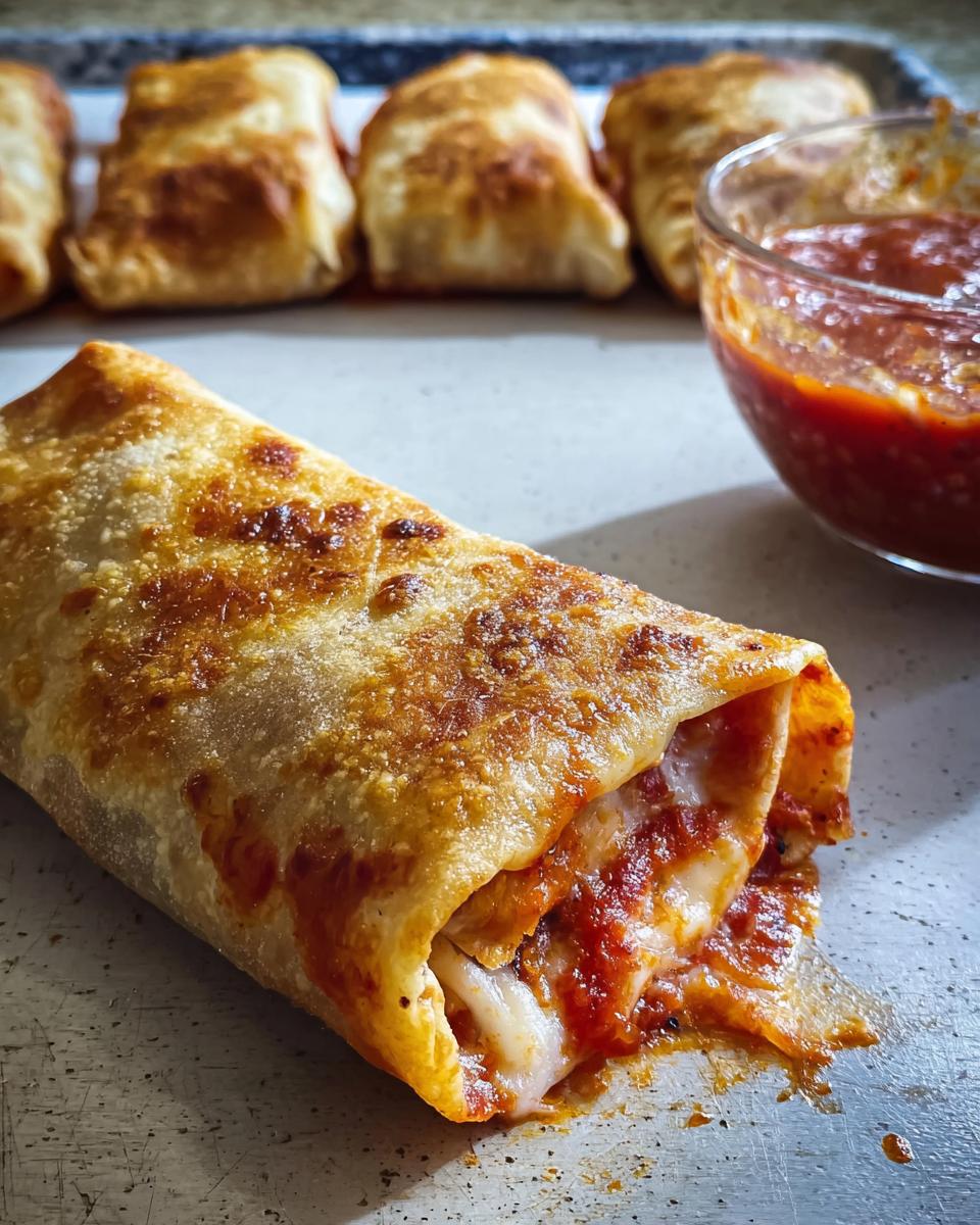 A close-up of a HIGH PROTEIN Pepperoni Pizza Roll, showing melted cheese and marinara sauce spilling out, with more rolls and a bowl of sauce in the background.