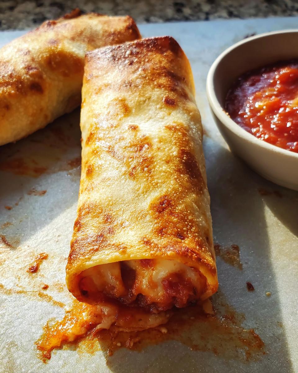 Close-up of a golden-brown HIGH PROTEIN Pepperoni Pizza Roll, with melted cheese and marinara sauce oozing out, next to a bowl of sauce.