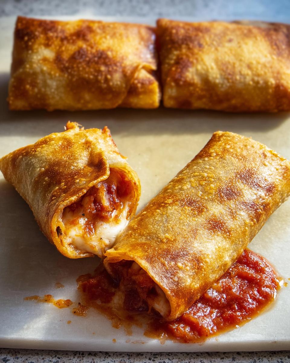 Golden brown HIGH PROTEIN Pepperoni Pizza Rolls filled with melted cheese and pepperoni, served with marinara sauce.