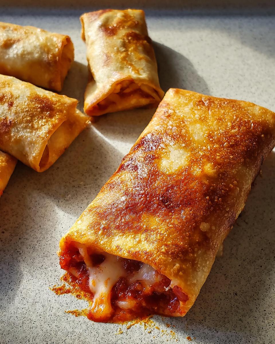 Close-up of golden-brown HIGH PROTEIN Pepperoni Pizza Rolls with melted cheese oozing out.