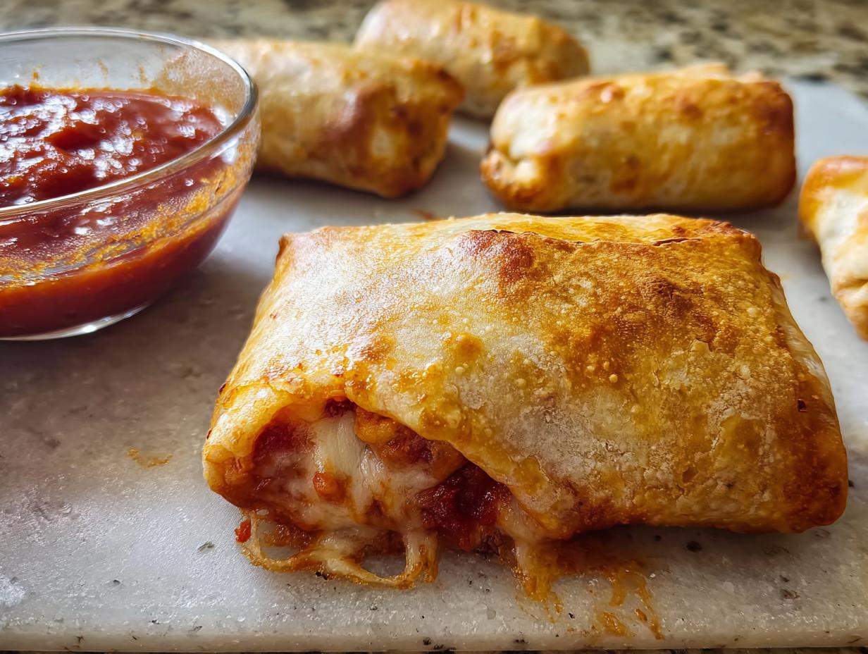 Close-up of a golden-brown HIGH PROTEIN Pepperoni Pizza Roll, oozing with melted cheese and served with a side of marinara sauce.