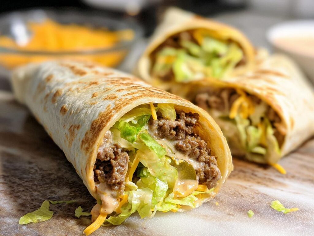 Close-up of two Homemade Big Mac Wraps filled with seasoned ground beef, shredded lettuce, cheese, and sauce.