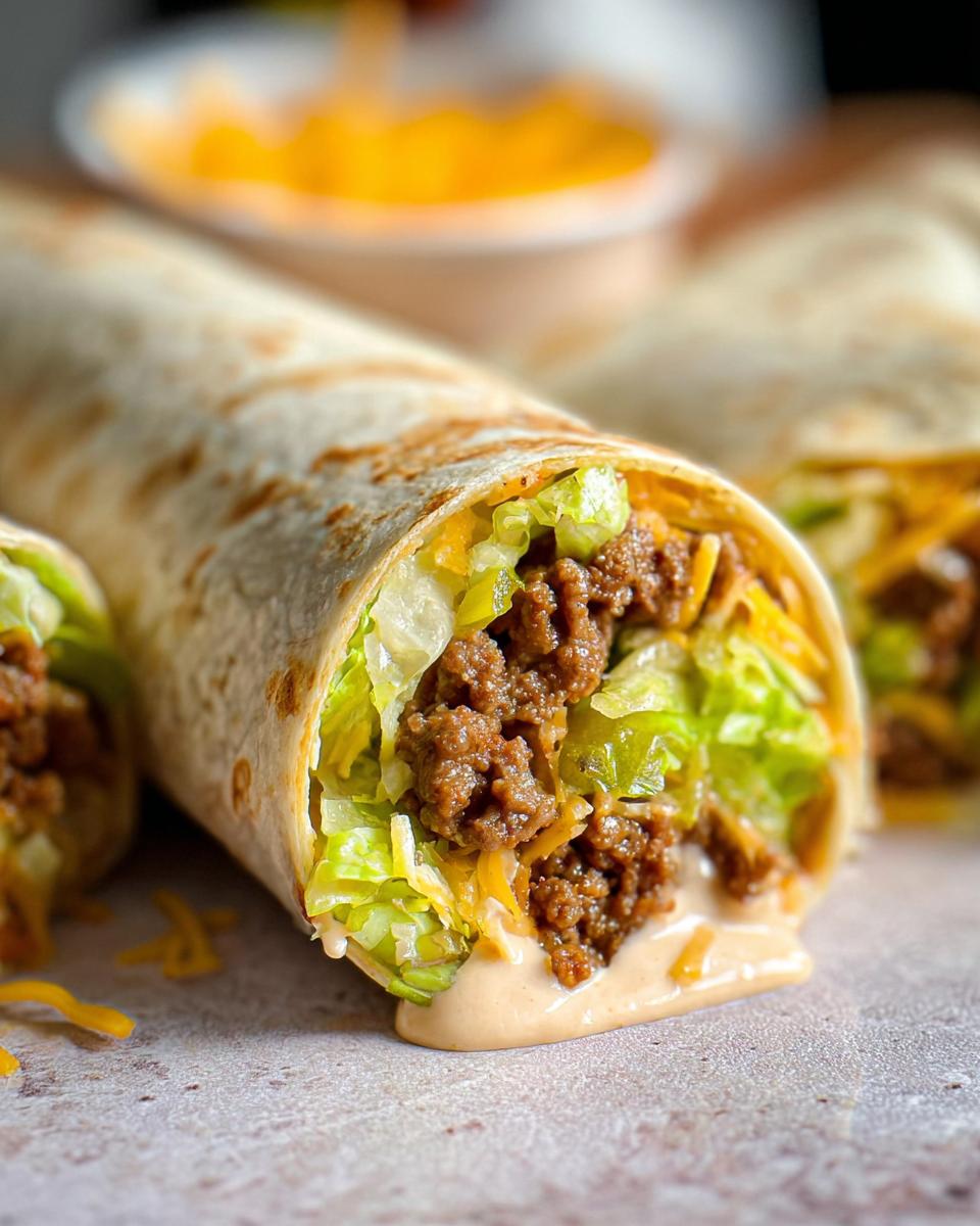 Close-up of a Homemade Big Mac Wrap filled with seasoned ground beef, shredded lettuce, pickles, cheese, and special sauce.