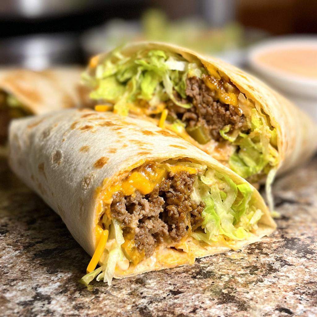 Close-up of two halves of a Homemade Big Mac Wrap, showing seasoned ground beef, shredded lettuce, melted cheese, and pickles.
