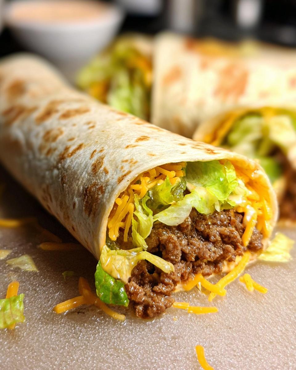 Close-up of a Homemade Big Mac Wrap filled with seasoned ground beef, shredded lettuce, cheese, and sauce.