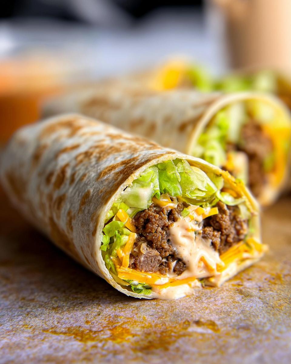 Close-up of a Homemade Big Mac Wrap filled with seasoned ground beef, shredded lettuce, cheese, and special sauce.