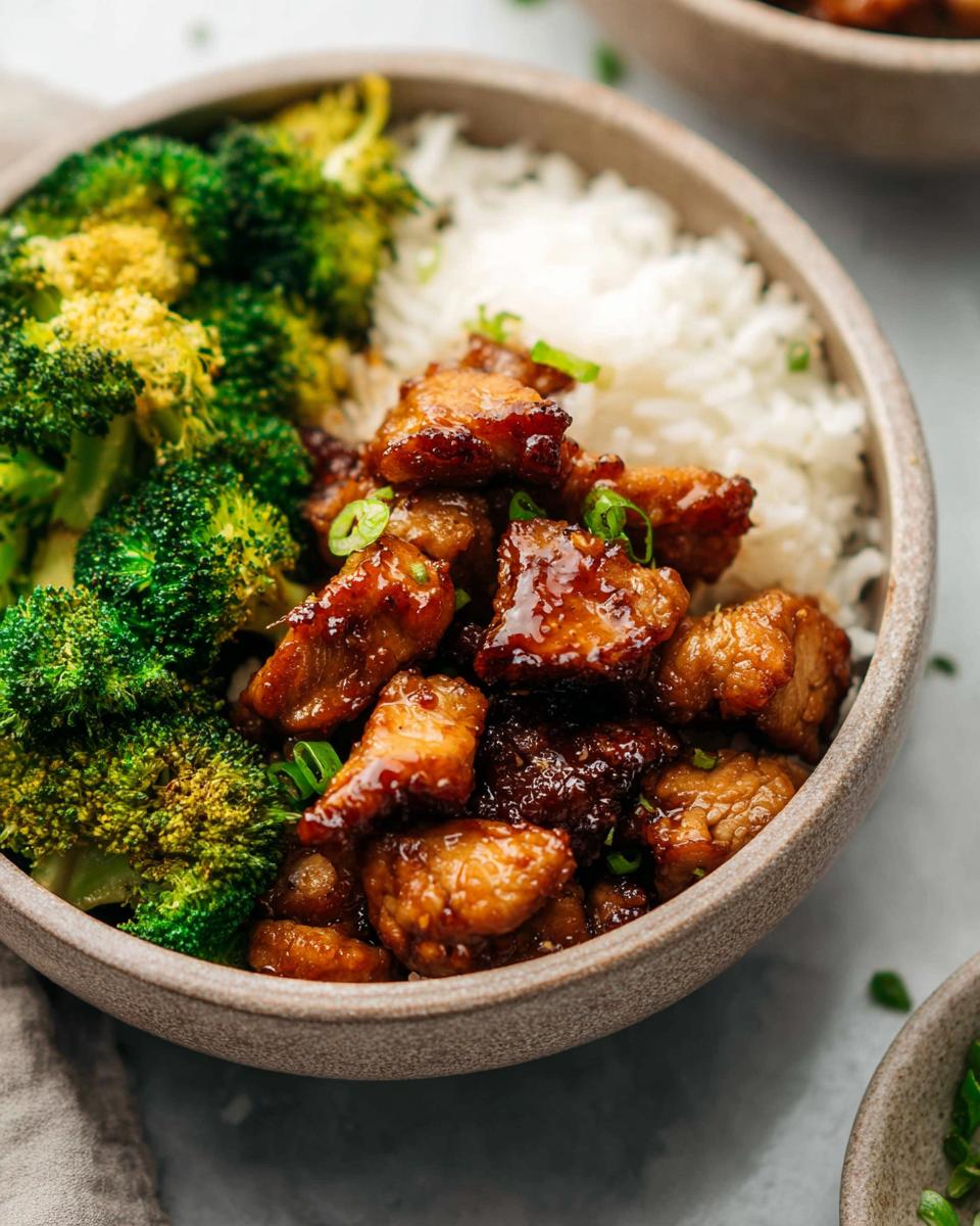 A close-up of a Honey Garlic Pork Rice Bowl with tender pork, fluffy rice, and steamed broccoli.