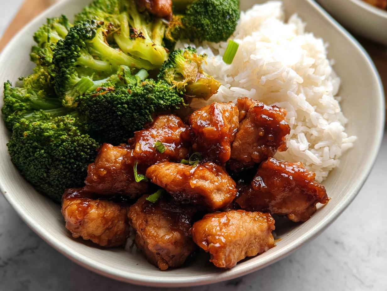 A delicious Honey Garlic Pork Rice Bowl featuring tender pork pieces, fluffy white rice, and roasted broccoli.