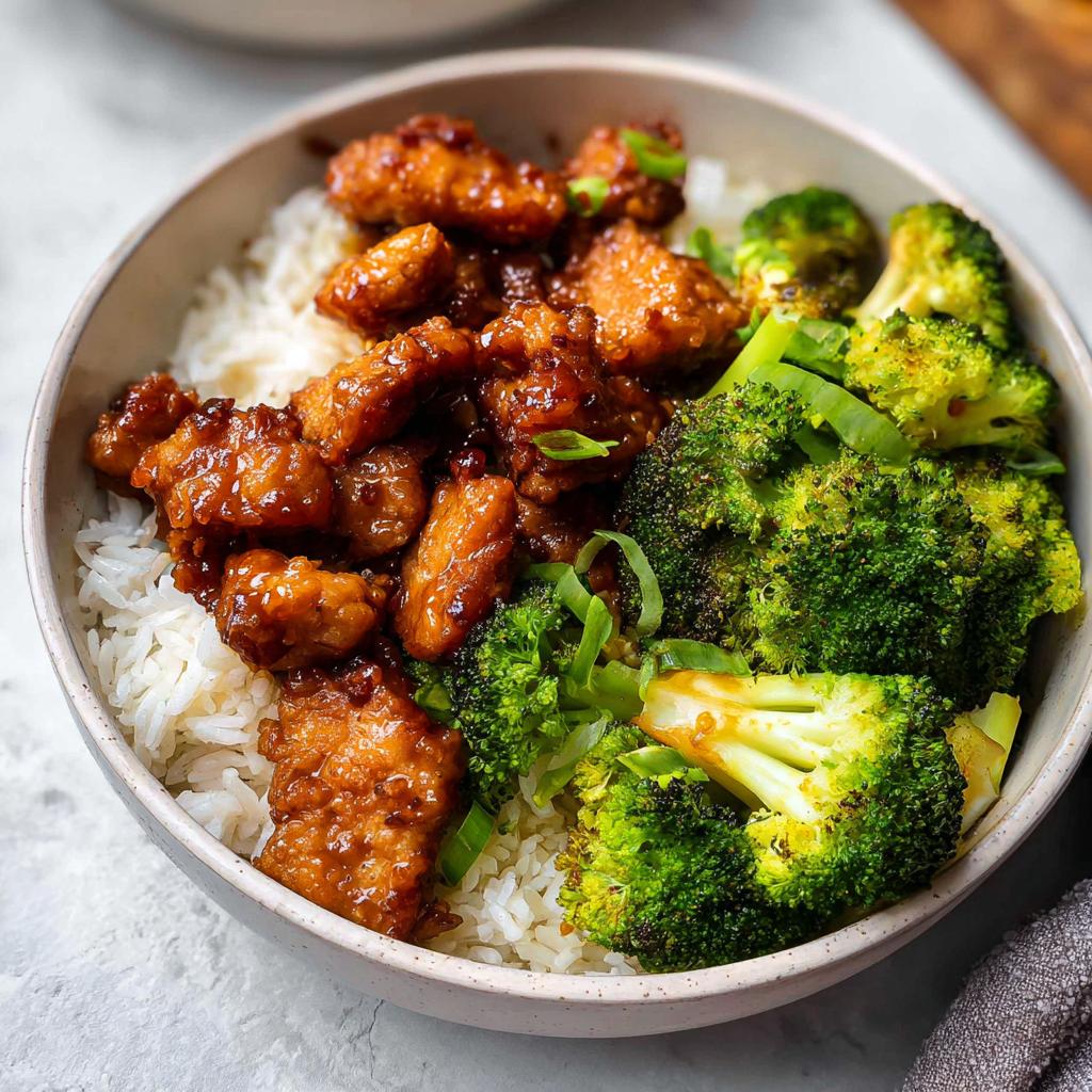 A delicious Honey Garlic Pork Rice Bowl featuring tender pork, fluffy rice, and vibrant broccoli florets, garnished with green onions.