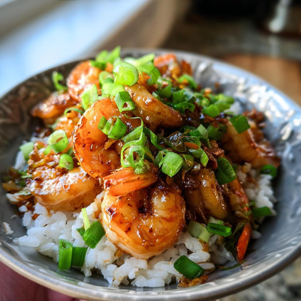 Close-up of Irresistible Honey Garlic Shrimp Bowls with white rice and chopped green onions.