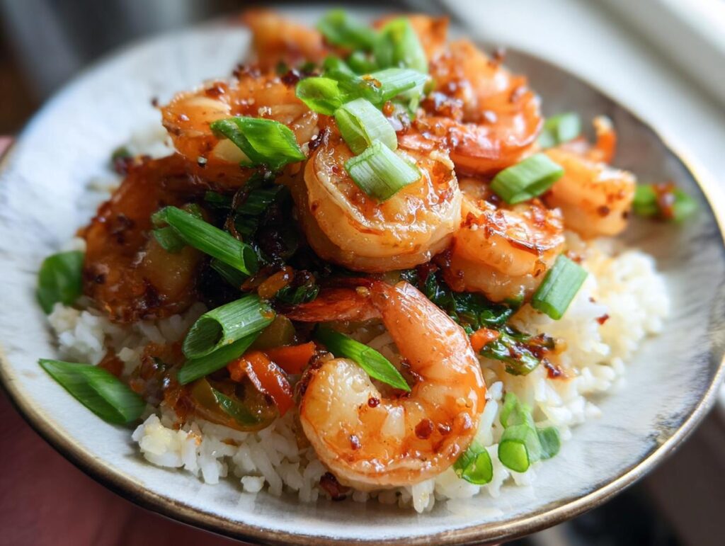 Close-up of Irresistible Honey Garlic Shrimp Bowls with rice and chopped green onions.
