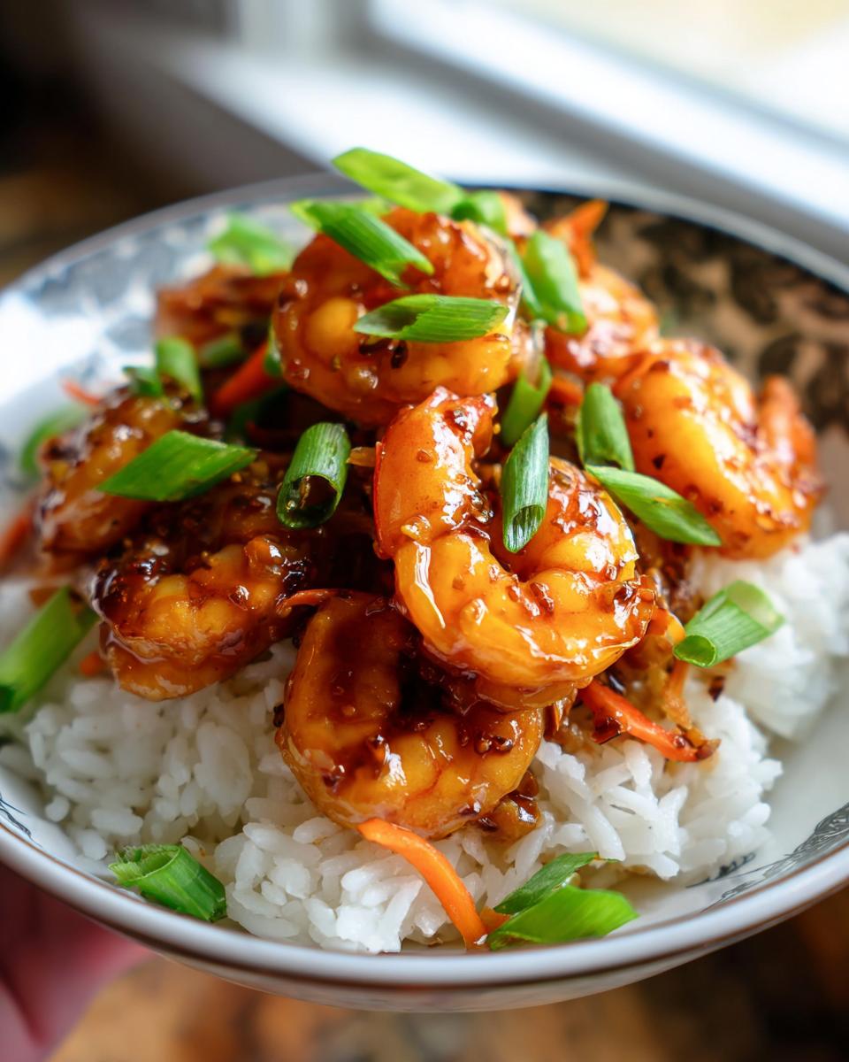 A close-up of Irresistible Honey Garlic Shrimp Bowls, featuring glossy shrimp over white rice, garnished with green onions and shredded carrots.