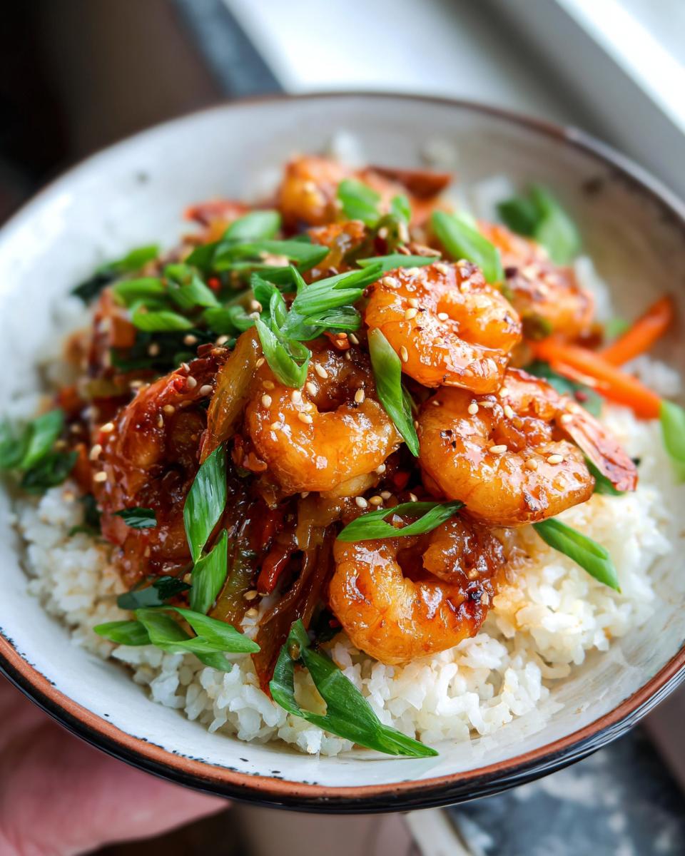 Close-up of Irresistible Honey Garlic Shrimp Bowls, featuring glossy shrimp over white rice, garnished with scallions and sesame seeds.