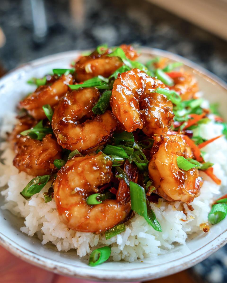 Close-up of Irresistible Honey Garlic Shrimp Bowls, featuring glossy shrimp over white rice and garnished with green onions.
