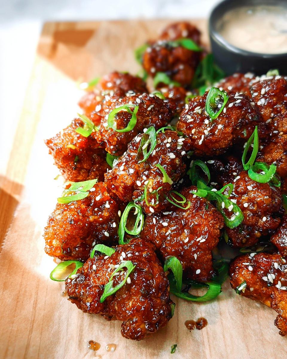 Close-up of Irresistible Sticky Honey Garlic Cauliflower bites, coated in glaze and topped with sesame seeds and green onions.