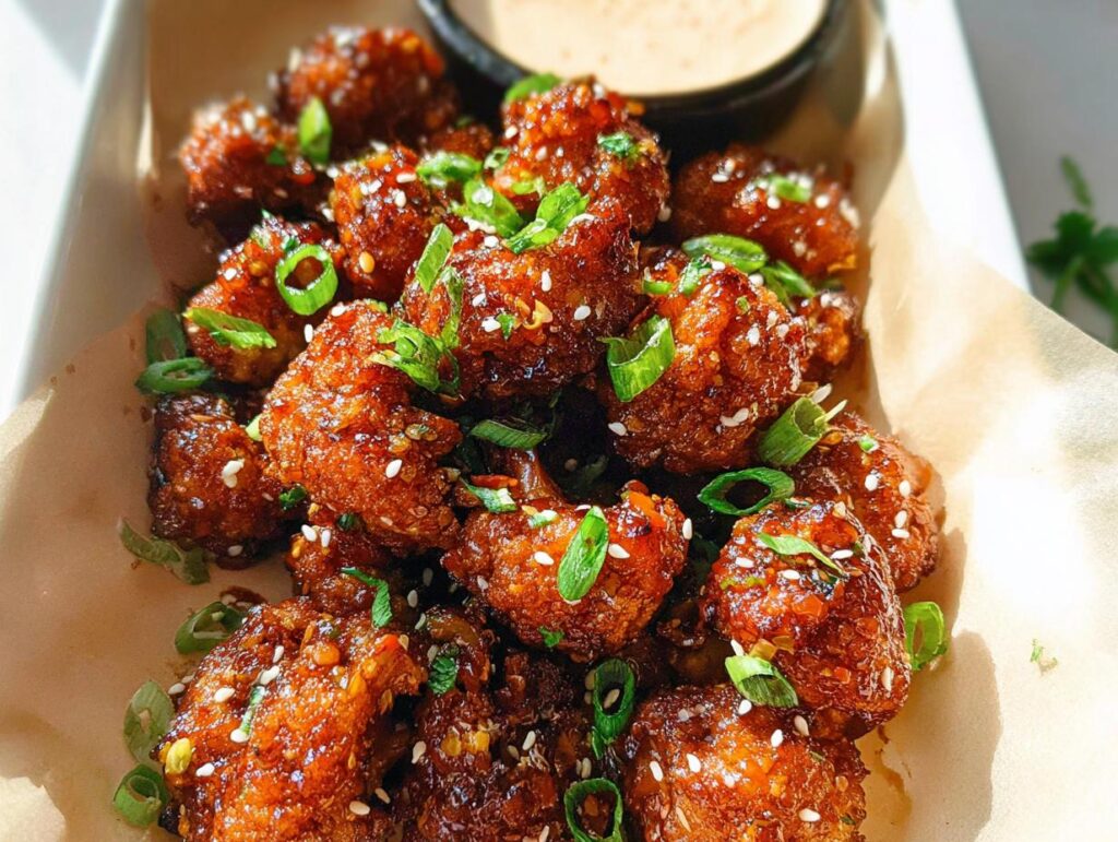 Close-up of Irresistible Sticky Honey Garlic Cauliflower bites, coated in a glossy sauce and sprinkled with sesame seeds and green onions.