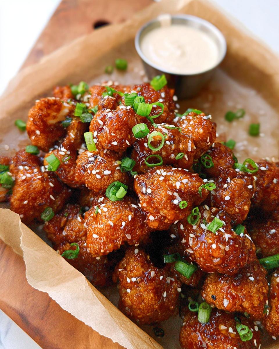 Close-up of Irresistible Sticky Honey Garlic Cauliflower bites, coated in glaze and topped with sesame seeds and green onions.