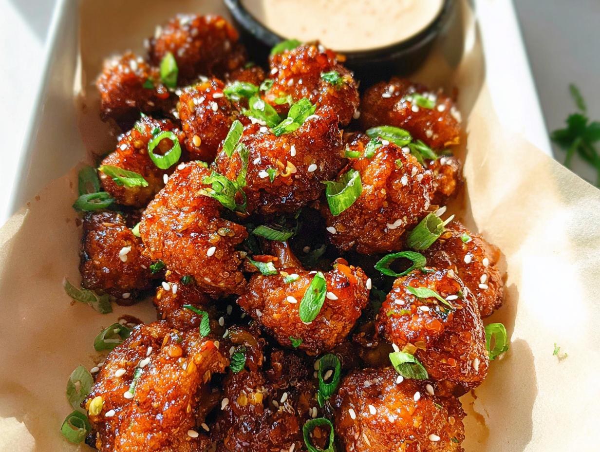 Close-up of Irresistible Sticky Honey Garlic Cauliflower bites, coated in a glossy sauce and sprinkled with sesame seeds and green onions.