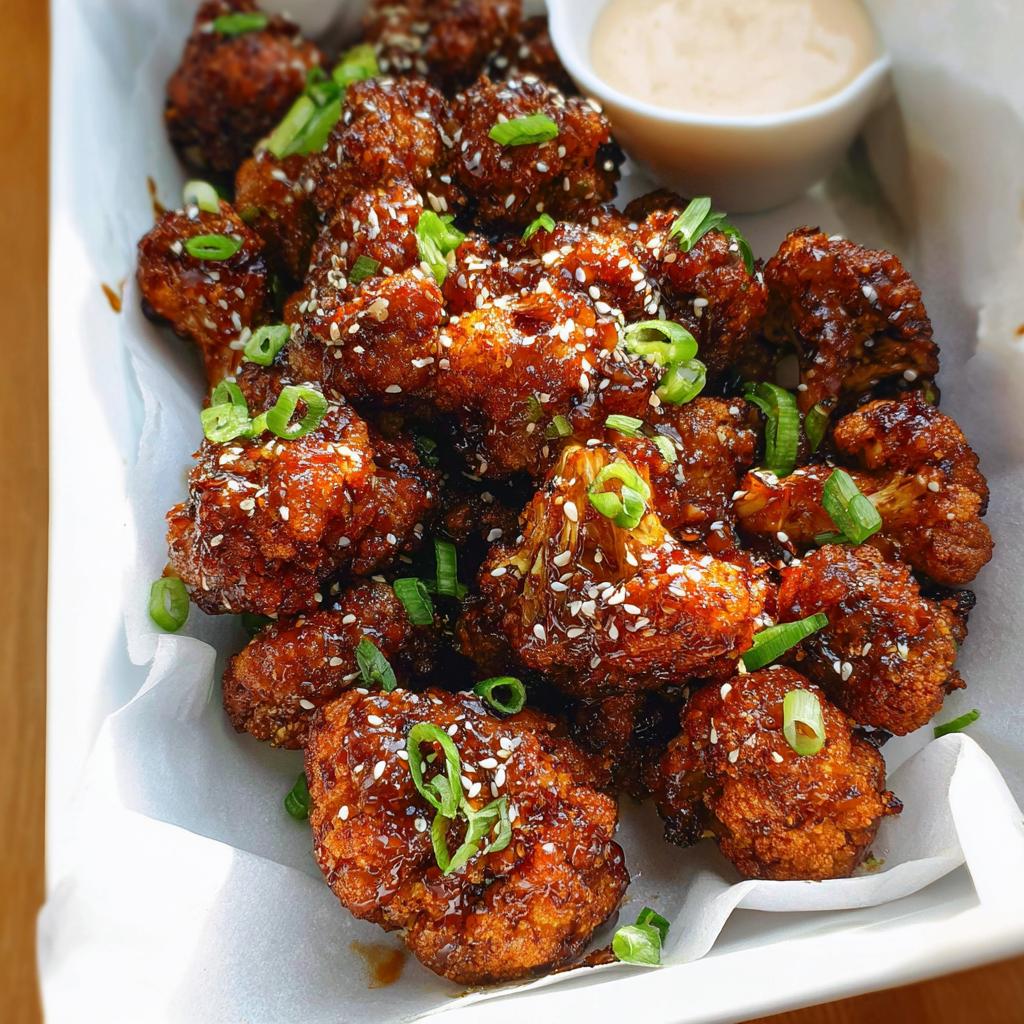 Close-up of Irresistible Sticky Honey Garlic Cauliflower bites, coated in a glossy sauce and sprinkled with sesame seeds and green onions.
