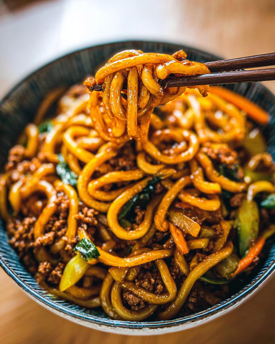 Close-up of thick, glossy Yaki Udon noodles being lifted with chopsticks from a bowl, showing minced meat and vegetables.