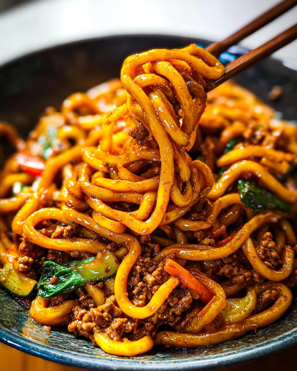 Close-up of thick Yaki Udon noodles being lifted with chopsticks, coated in a savory sauce with ground meat and vegetables.