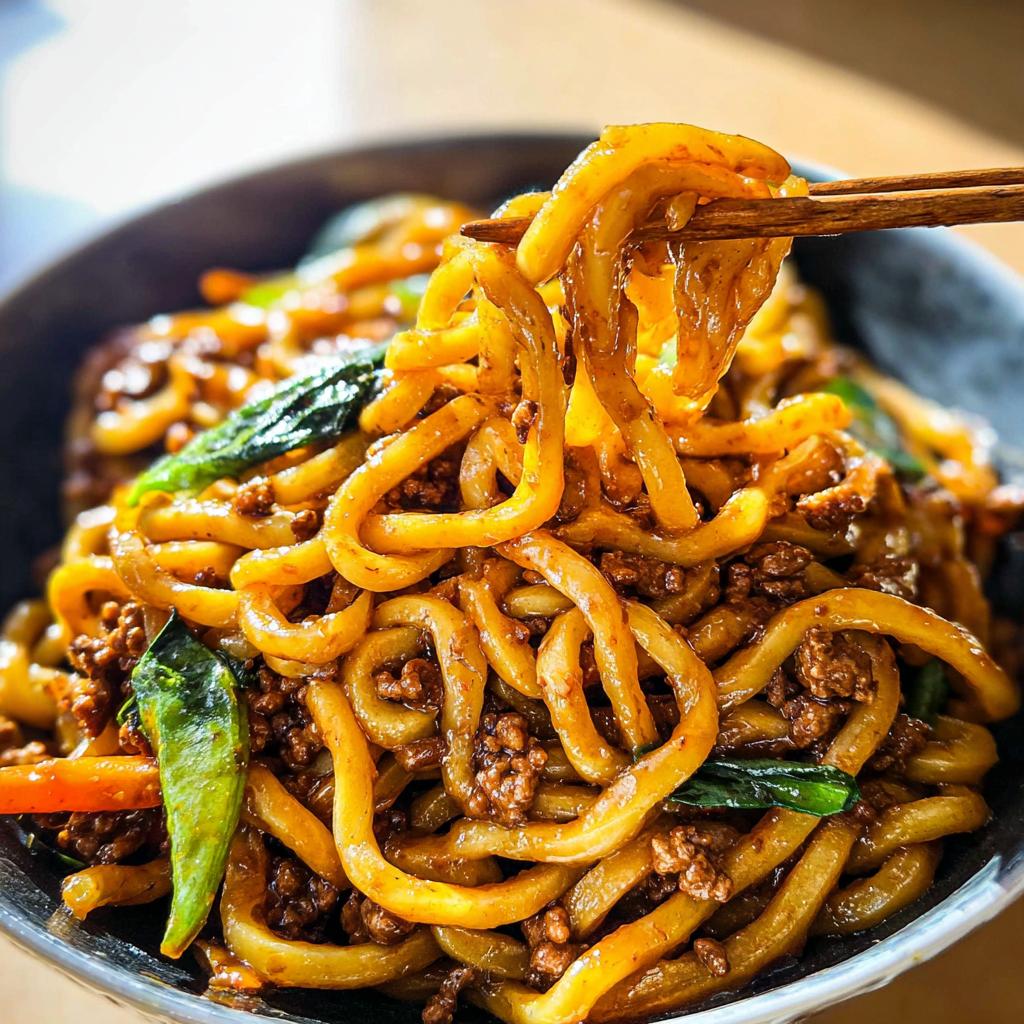 Close-up of chopsticks lifting a tangle of glossy Yaki Udon noodles mixed with savory ground meat and green vegetables.