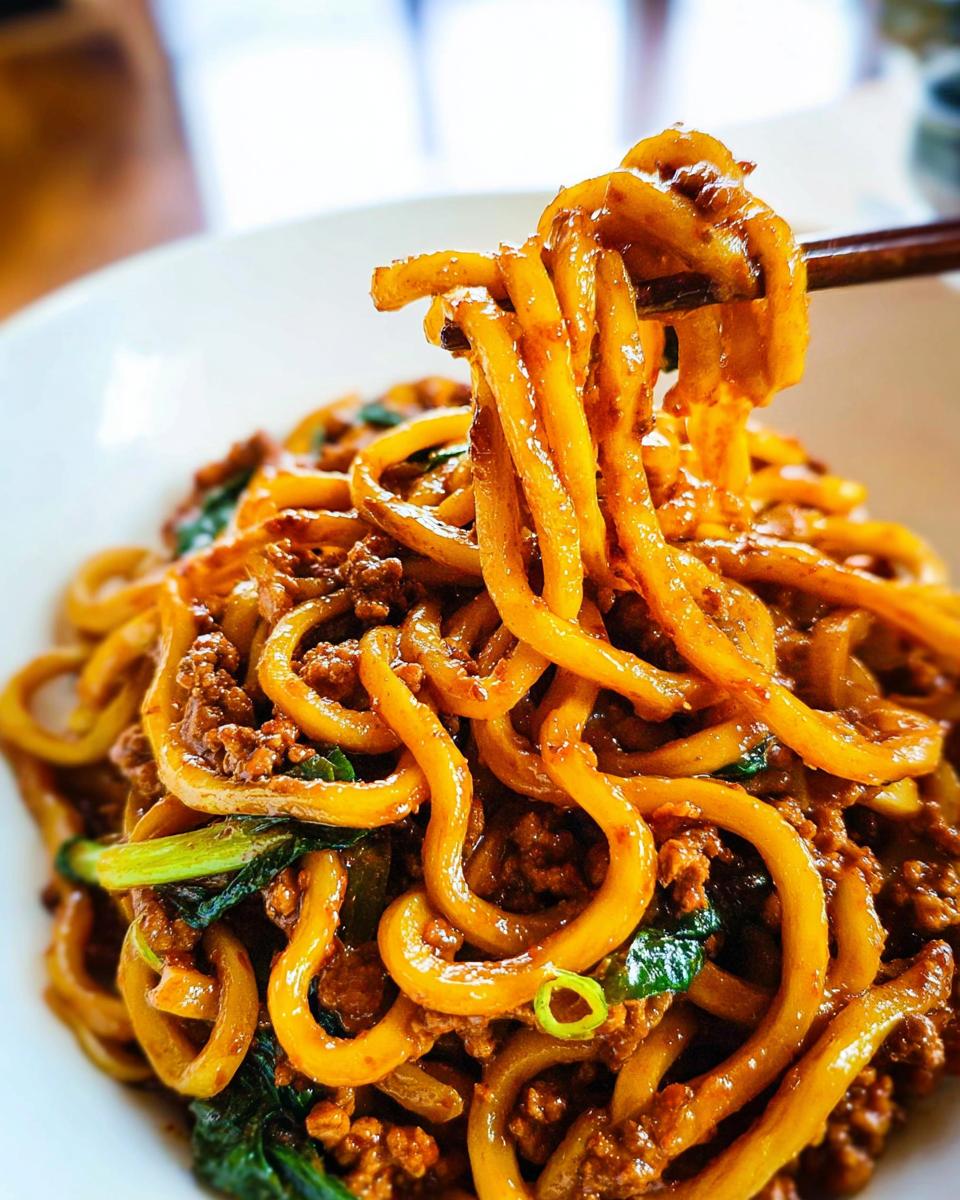 Close-up of thick, chewy udon noodles coated in a savory sauce with ground meat and greens, part of an Irresistible Yaki Udon Noodle Recipe.