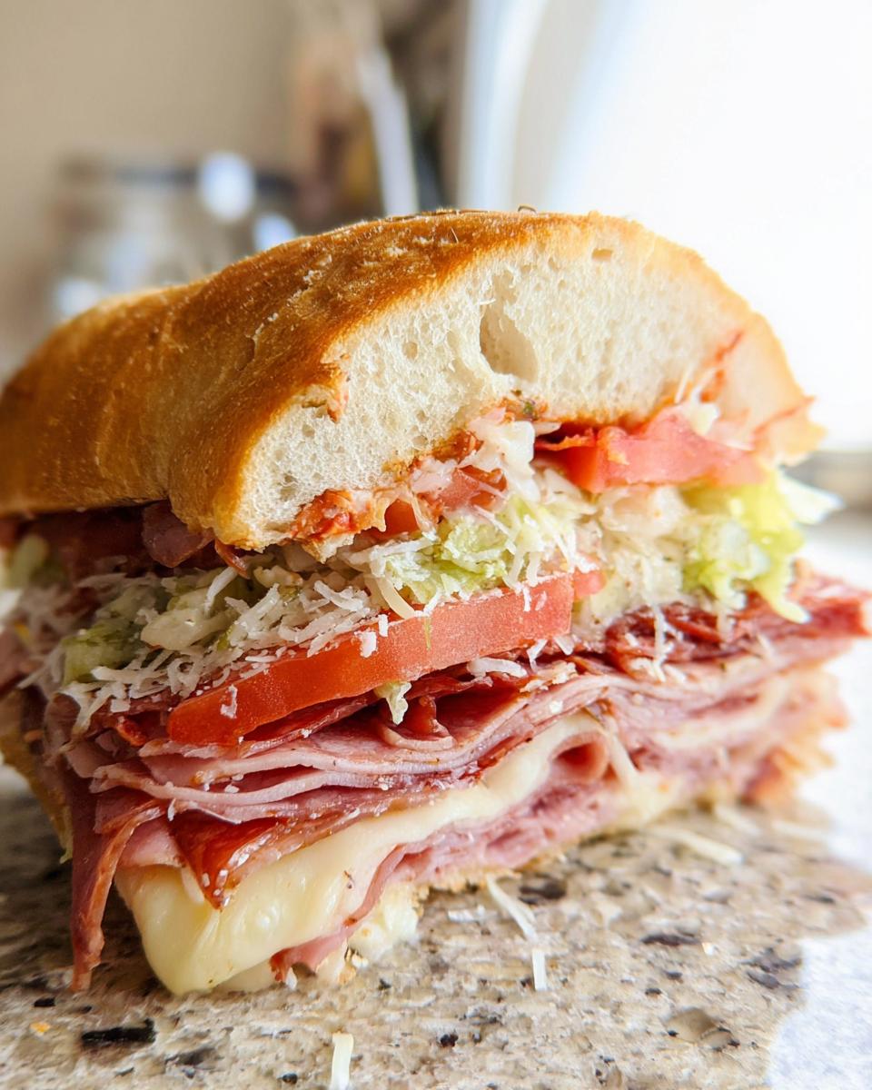 A close-up view of a hearty Italian Grinder Salad Sandwich overflowing with meats, cheese, lettuce, tomato, and dressing.