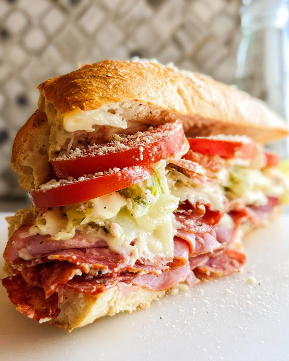 A close-up view of a loaded Italian Grinder Salad Sandwich with layers of deli meats, cheese, tomatoes, and lettuce.