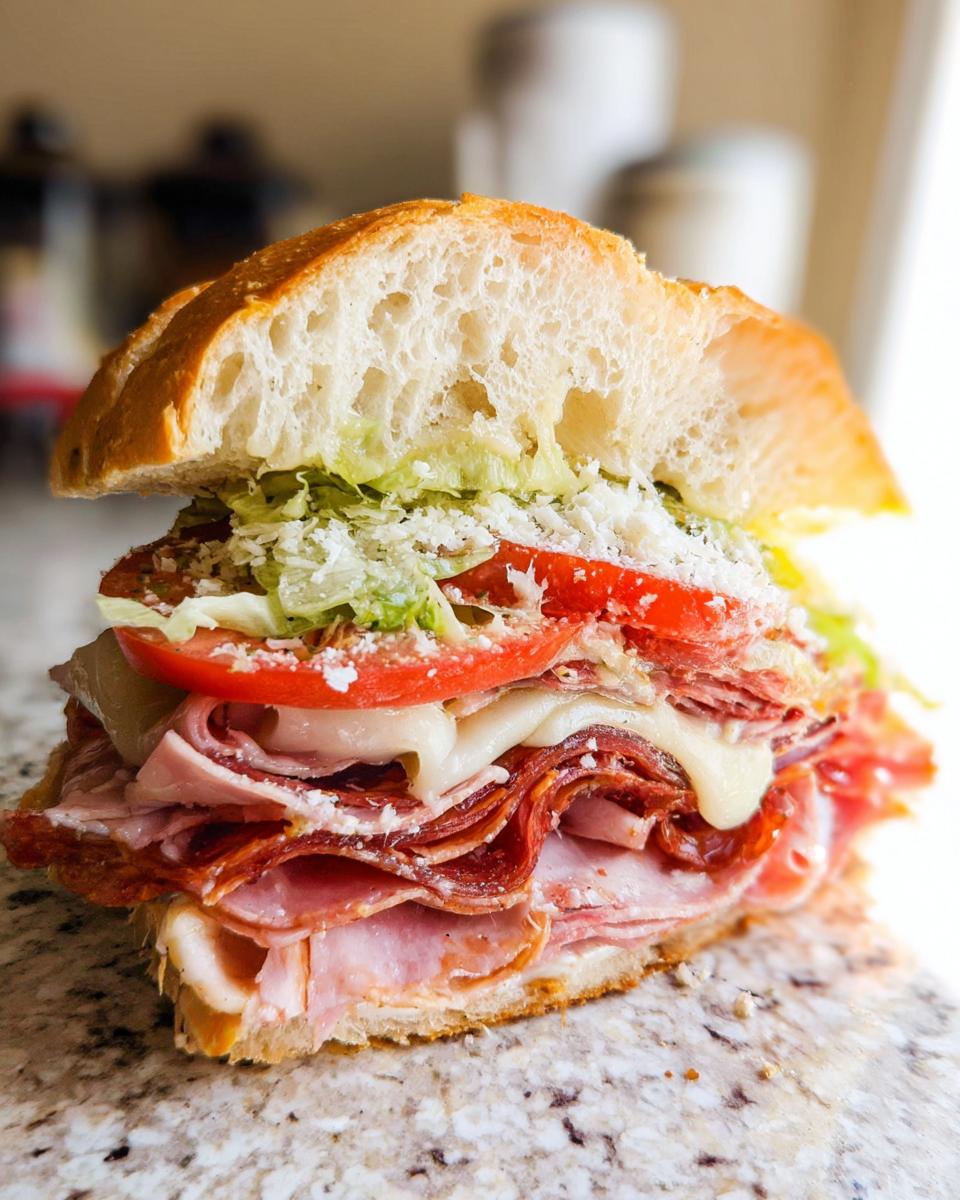 A cross-section of a loaded Italian Grinder Salad Sandwich with layers of deli meats, cheese, lettuce, and tomato on a crusty roll.
