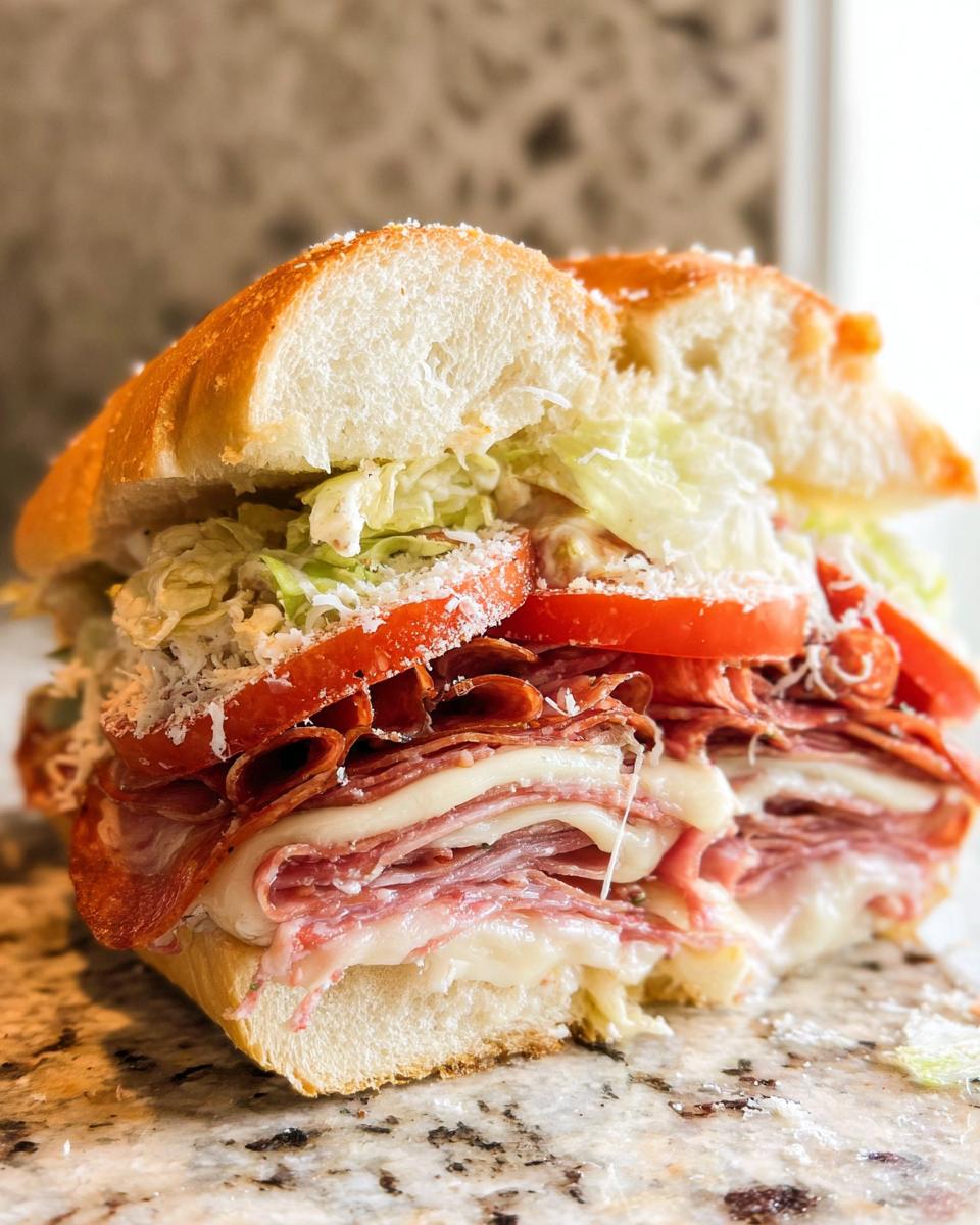 A close-up of a loaded Italian Grinder Salad Sandwich with layers of deli meats, cheese, tomatoes, and lettuce.