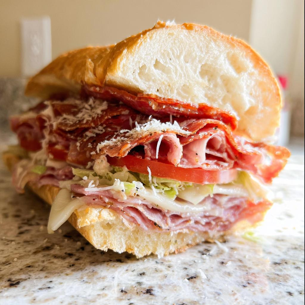 A close-up of a loaded Italian Grinder Salad Sandwich with layers of deli meats, cheese, lettuce, and tomato on a crusty roll.