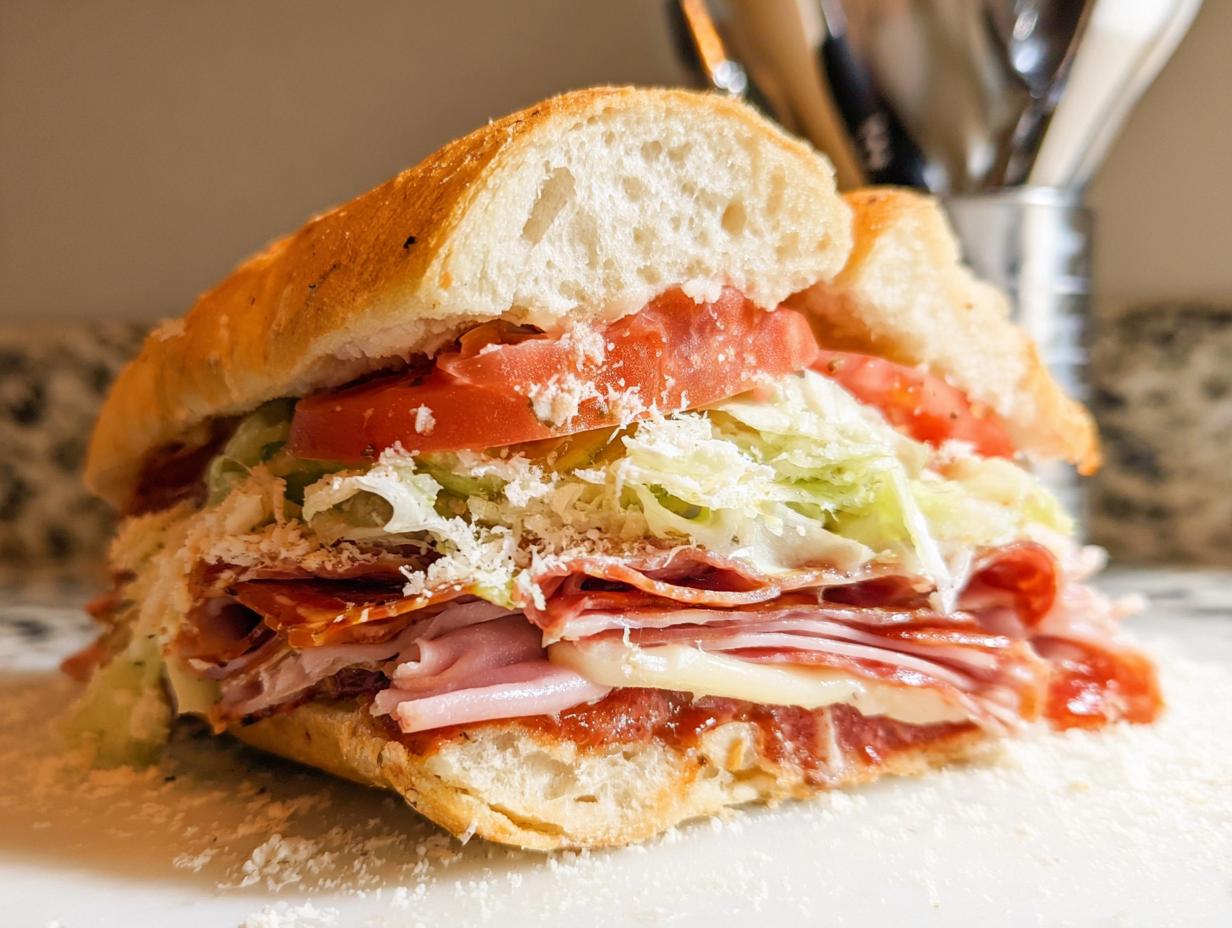 A delicious Italian Grinder Salad Sandwich overflowing with layers of salami, ham, cheese, lettuce, tomato, and dressing.