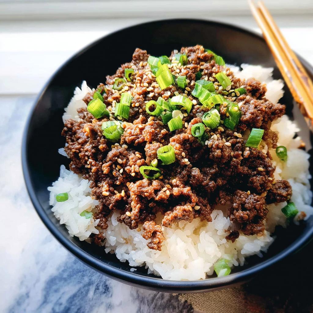 A close-up of a Korean Ground Beef Bowl, featuring seasoned ground beef over white rice, topped with sesame seeds and chopped green onions.