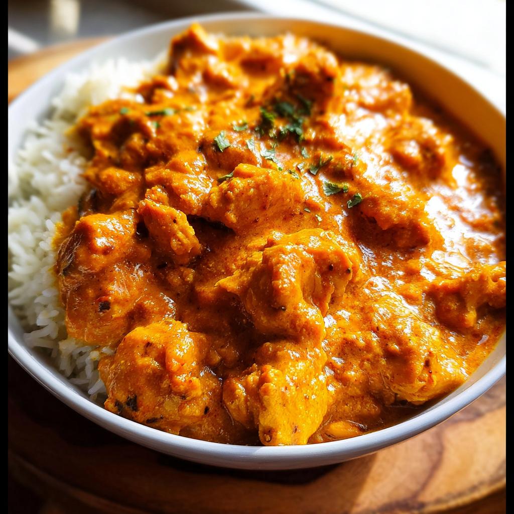 A bowl of fluffy white rice topped with creamy, orange-hued Quick & Easy Homemade Butter Chicken, garnished with fresh herbs.