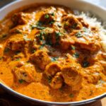 A close-up of a bowl of Quick & Easy Homemade Butter Chicken served over fluffy white rice, garnished with fresh cilantro.